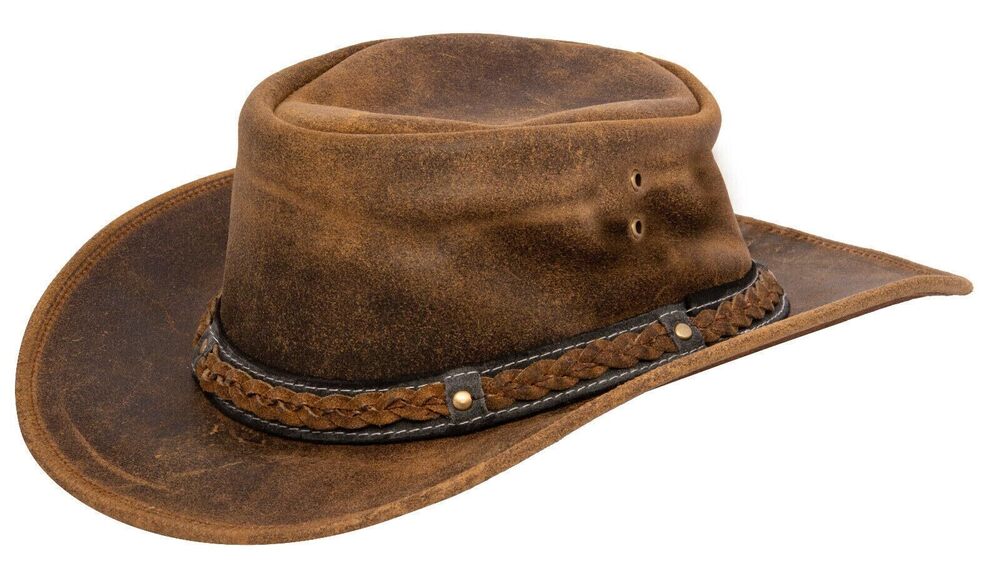 8487 Cowboy Aussie Real Leather Hat Australian Tan Western Outback Bush Hat